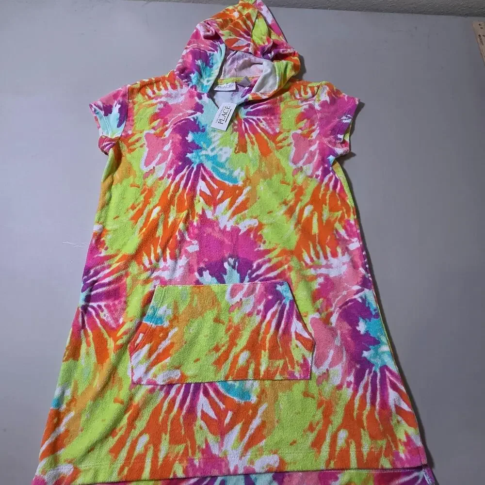 The Childrens Place Cover Up Girls 14 Multicolor Tie Dye Hooded Beach Terry